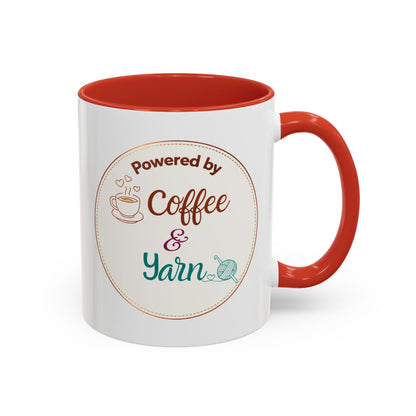 Left-Handed Coffee & Yarn Mug – “Powered by Coffee & Yarn” Accent Ceramic Mug for Crocheters & Knitters (11oz / 15oz)