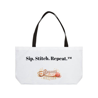 Sip. Stitch. Repeat™ Weekender Tote Bag – Crochet & Knitting Project Bag for Yarn, Craft Supplies, Coffee Lover Gift | Brewed & Hooked