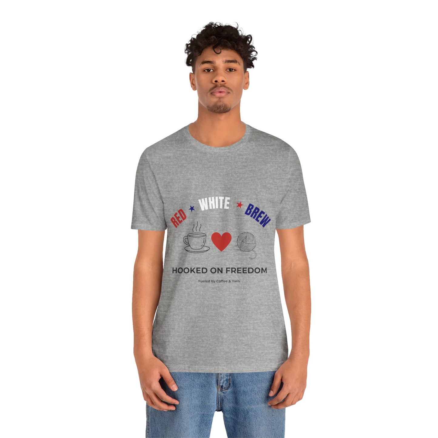 Red White Brew Tee | Hooked on Freedom Coffee & Yarn Shirt | Patriotic Crochet Lover T-Shirt | 4th of July Crafting Tee