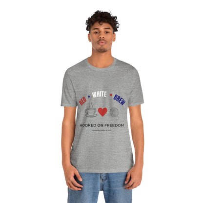 Red White Brew Tee | Hooked on Freedom Coffee & Yarn Shirt | Patriotic Crochet Lover T-Shirt | 4th of July Crafting Tee