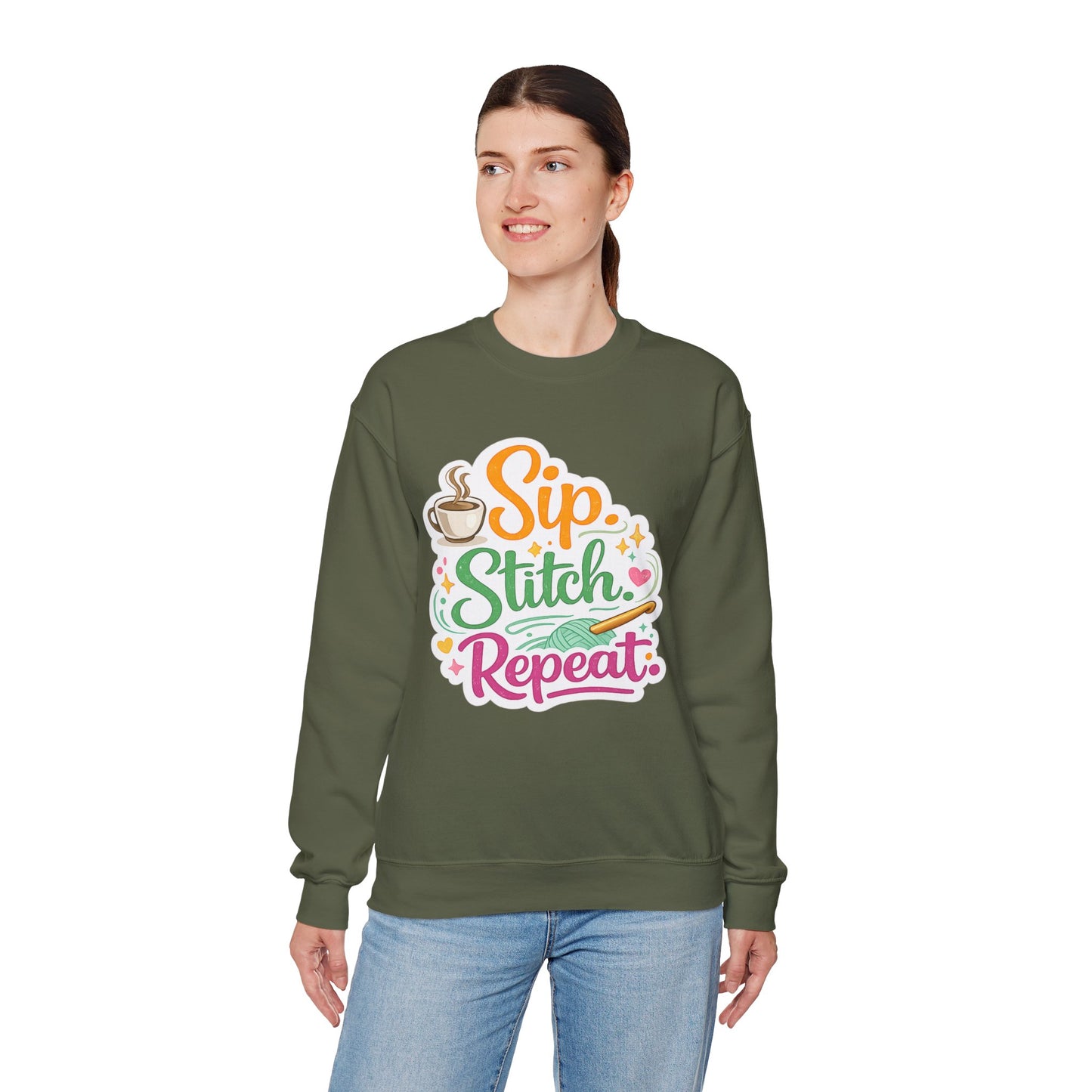 Sip. Stitch. Repeat.™ Sweatshirt — Cozy Maker Crewneck