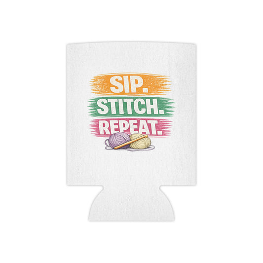 Sip Stitch Repeat™ Can Cooler – Crochet & Knitting Lover Drink Cozy for Craft Nights & Coffee Breaks