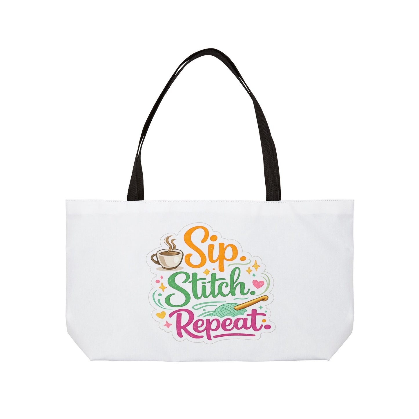 Sip. Stitch. Repeat™ Weekender Tote Bag – Crochet & Knitting Project Bag for Yarn, Craft Supplies, Coffee Lover Gift | Brewed & Hooked