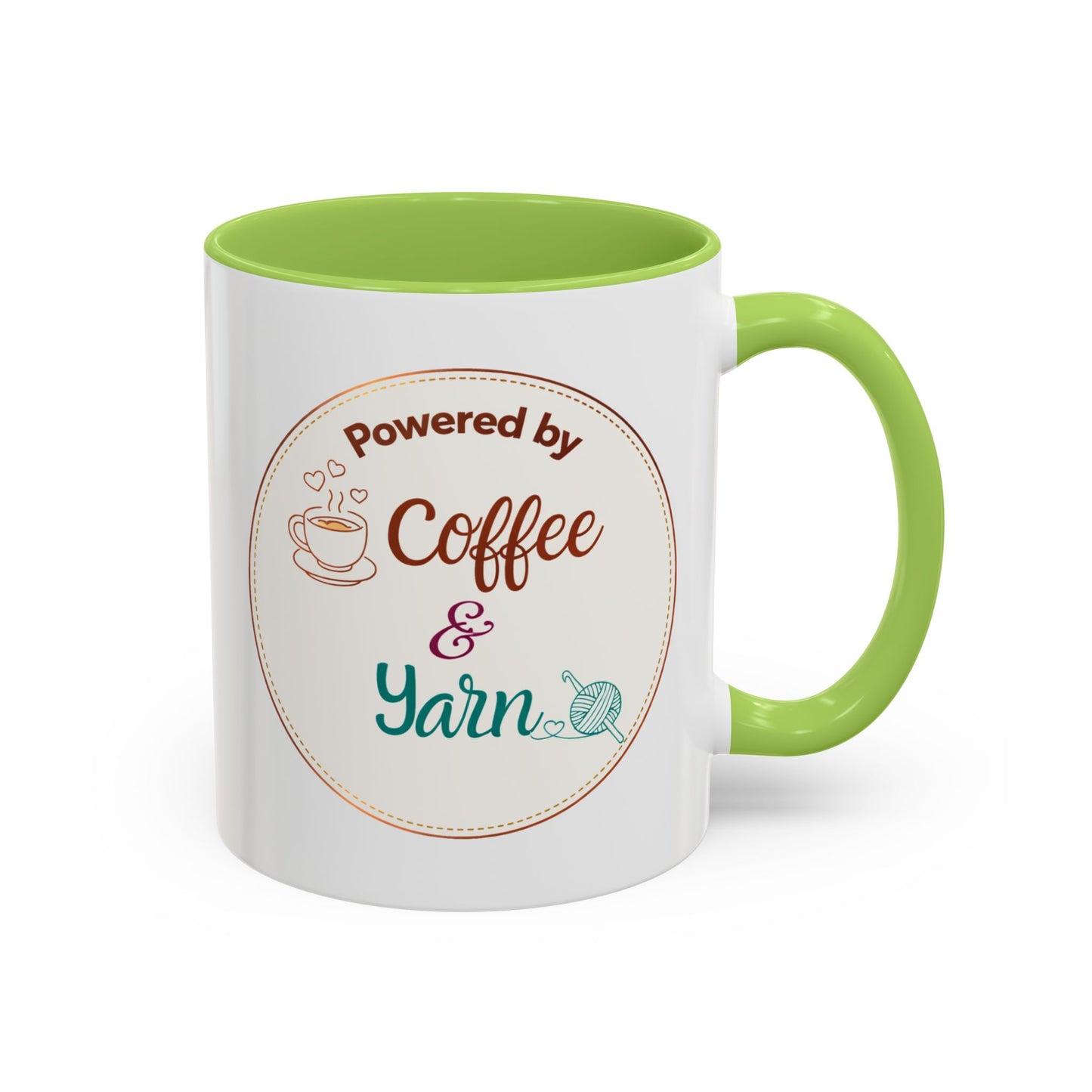 Left-Handed Coffee & Yarn Mug – “Powered by Coffee & Yarn” Accent Ceramic Mug for Crocheters & Knitters (11oz / 15oz)