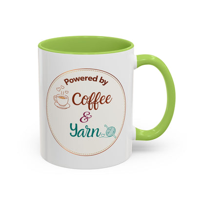 Left-Handed Coffee & Yarn Mug – “Powered by Coffee & Yarn” Accent Ceramic Mug for Crocheters & Knitters (11oz / 15oz)