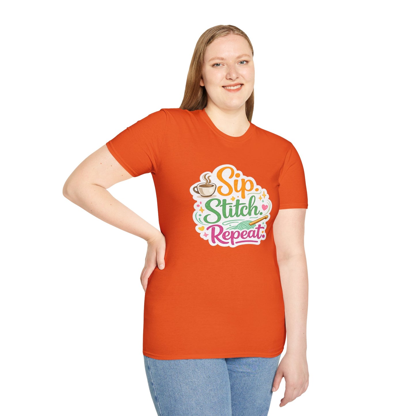 Sip. Stitch. Repeat.™ T-Shirt — Cute Crochet Knitting Crafter Tee