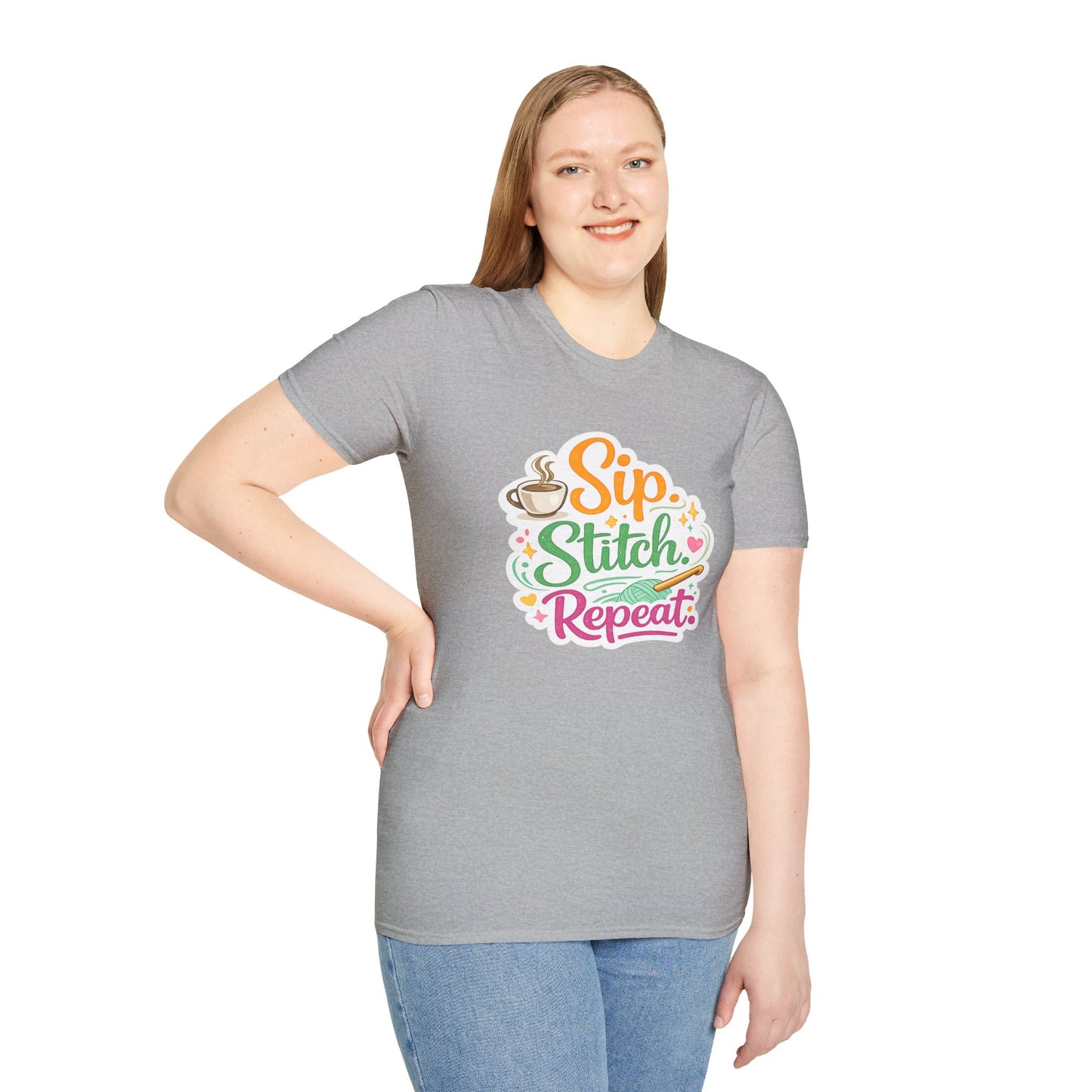 Sip. Stitch. Repeat.™ T-Shirt — Cute Crochet Knitting Crafter Tee