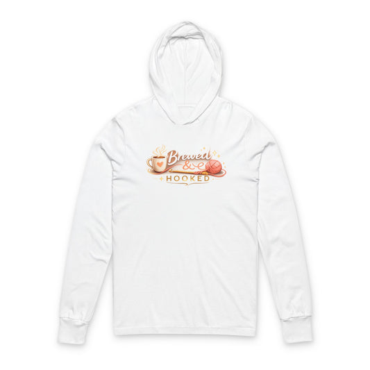 Brewed & Hooked Hooded Long Sleeve Tee — Cozy Coffee & Crochet Lightweight Hoodie Shirt for Yarn Lovers