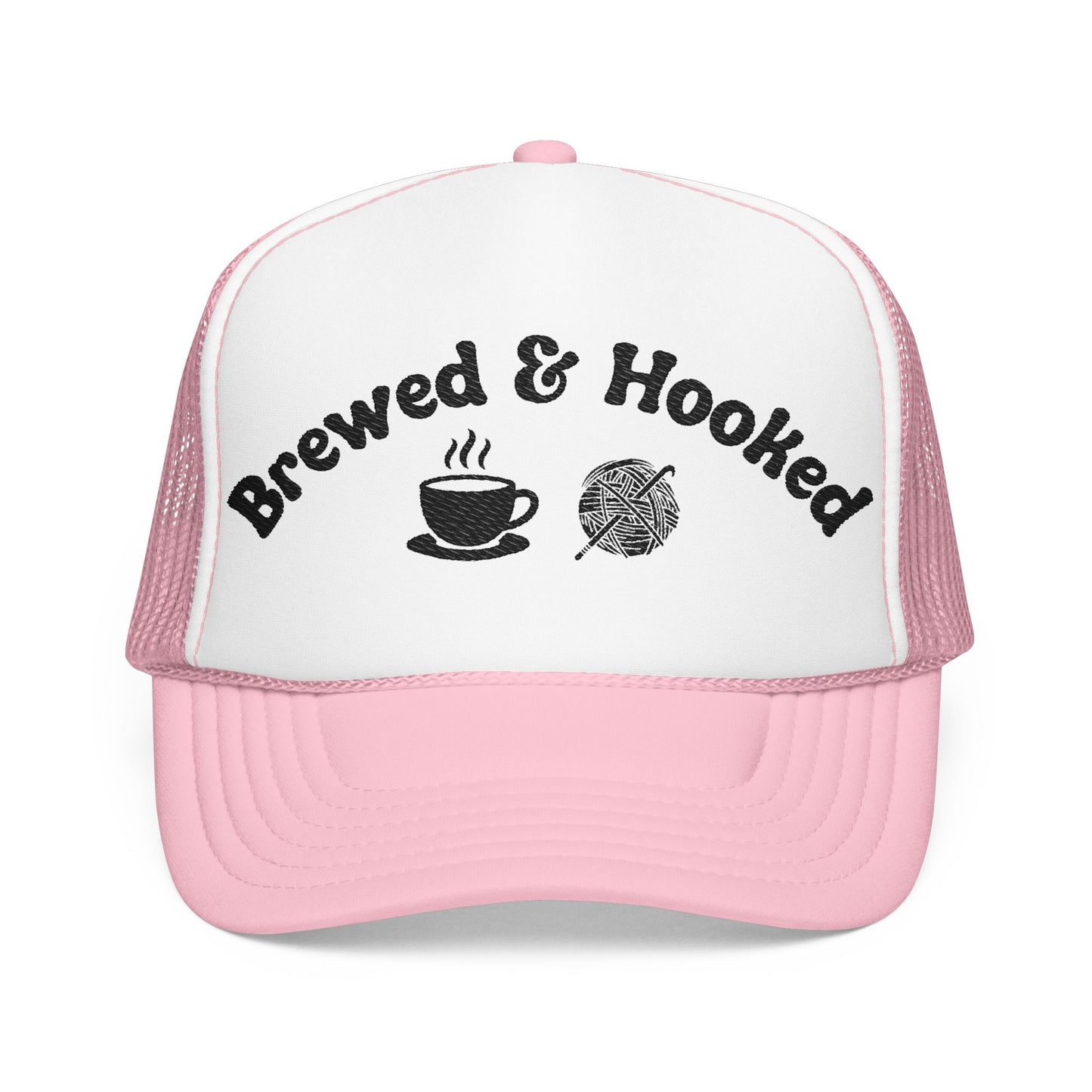 Brewed & Hooked Trucker Hat – Coffee & Yarn Crochet & Knitting Cap | Coffee Lover Craft Snapback Hat