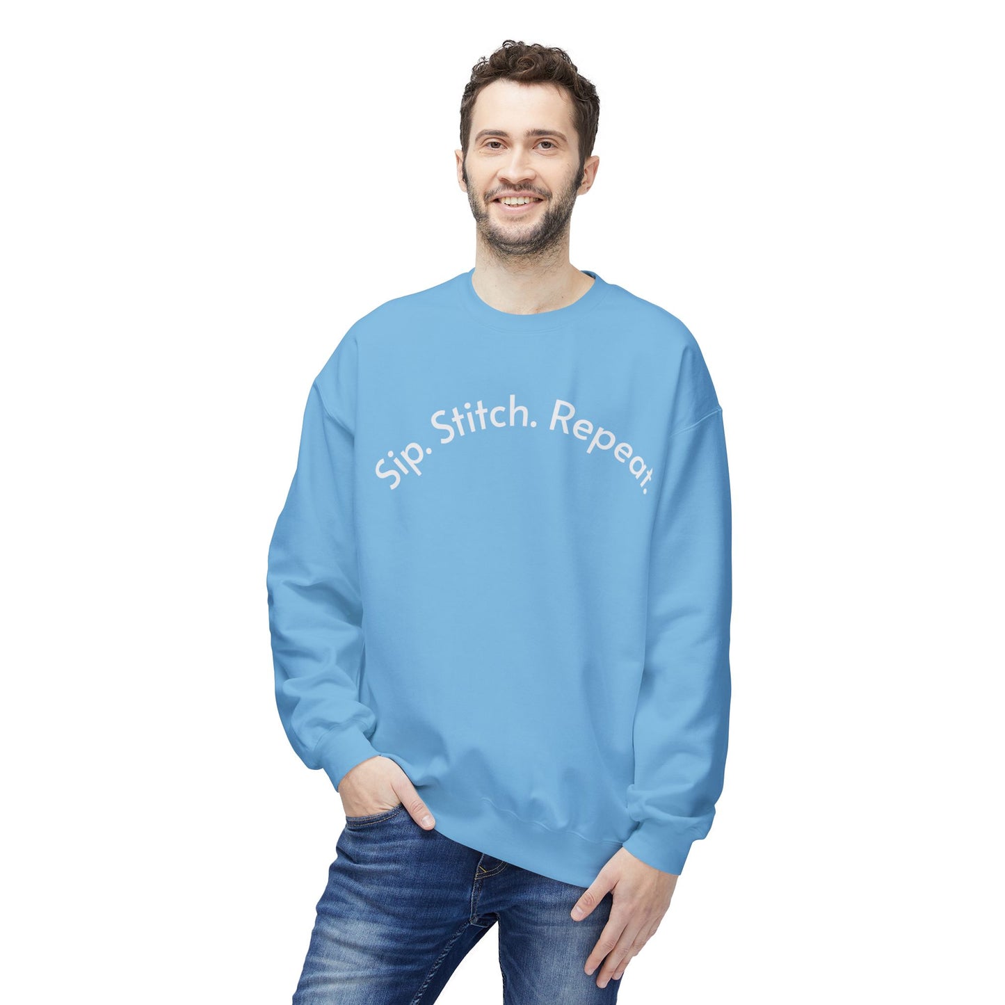 Sip Stitch Repeat™ Crochet & Knitting Sweatshirt – Brewed & Hooked Cozy Crewneck for Yarn Lovers, Coffee & Crochet Gift