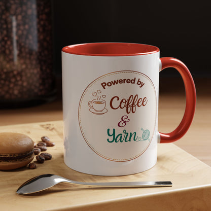 Left-Handed Coffee & Yarn Mug – “Powered by Coffee & Yarn” Accent Ceramic Mug for Crocheters & Knitters (11oz / 15oz)