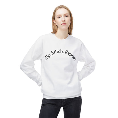 Sip Stitch Repeat™ Crochet & Knitting Sweatshirt – Brewed & Hooked Cozy Crewneck for Yarn Lovers, Coffee & Crochet Gift