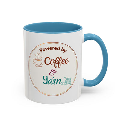 Left-Handed Coffee & Yarn Mug – “Powered by Coffee & Yarn” Accent Ceramic Mug for Crocheters & Knitters (11oz / 15oz)