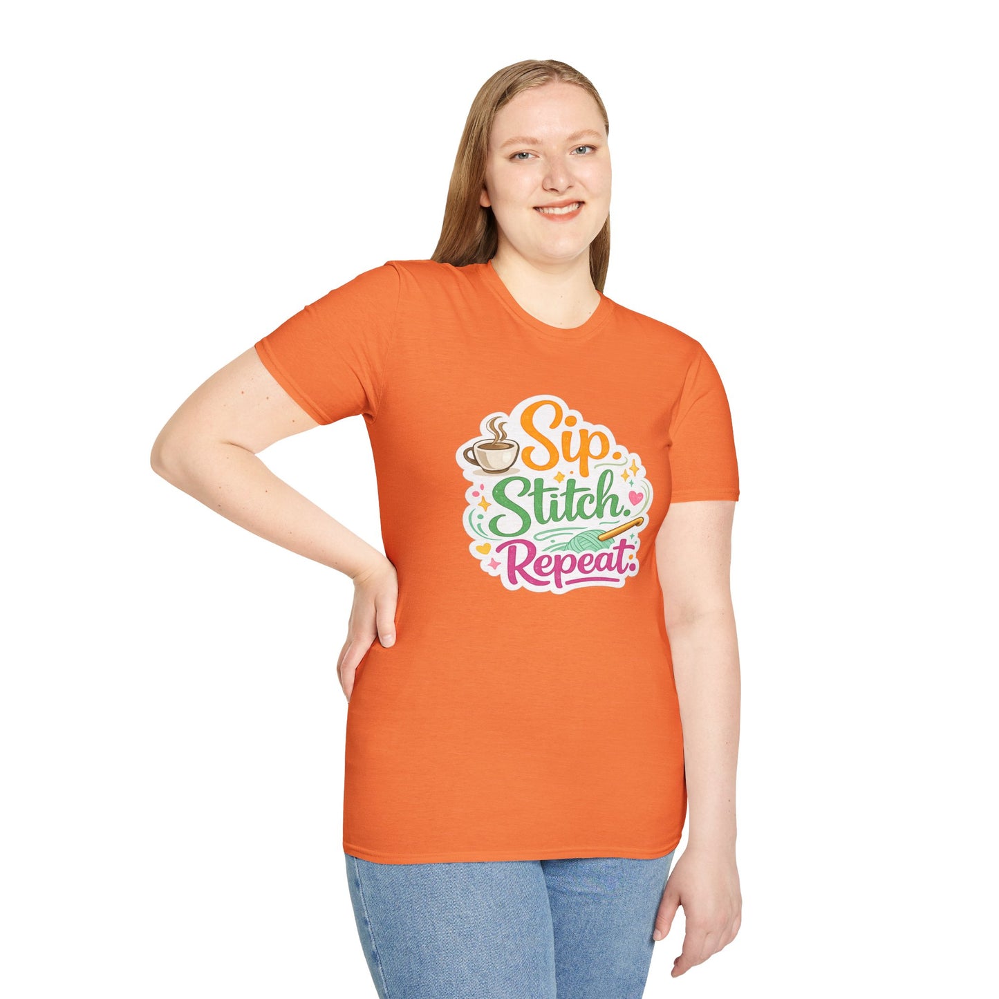Sip. Stitch. Repeat.™ T-Shirt — Cute Crochet Knitting Crafter Tee