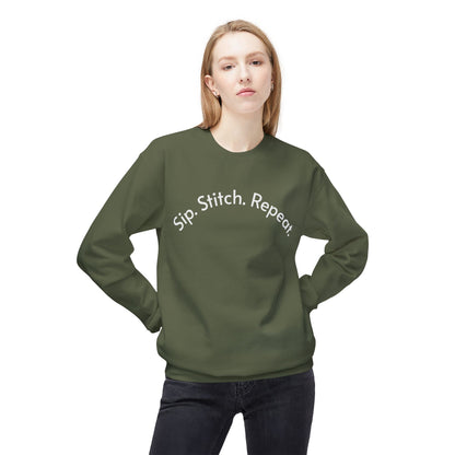Sip Stitch Repeat™ Crochet & Knitting Sweatshirt – Brewed & Hooked Cozy Crewneck for Yarn Lovers, Coffee & Crochet Gift