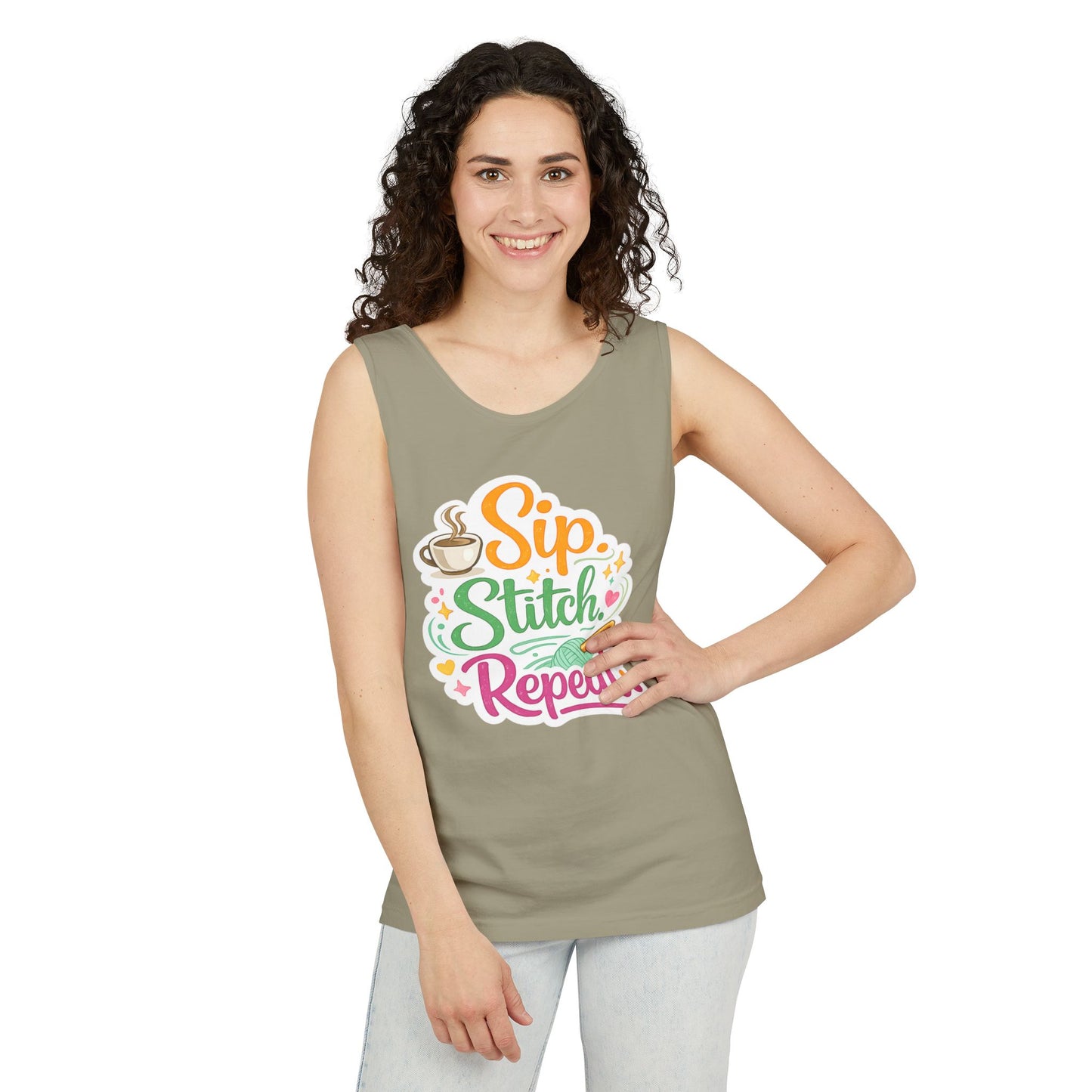 Sip. Stitch. Repeat.™ Tank Top – Crochet & Knitting Tank | Coffee Lover Craft Shirt