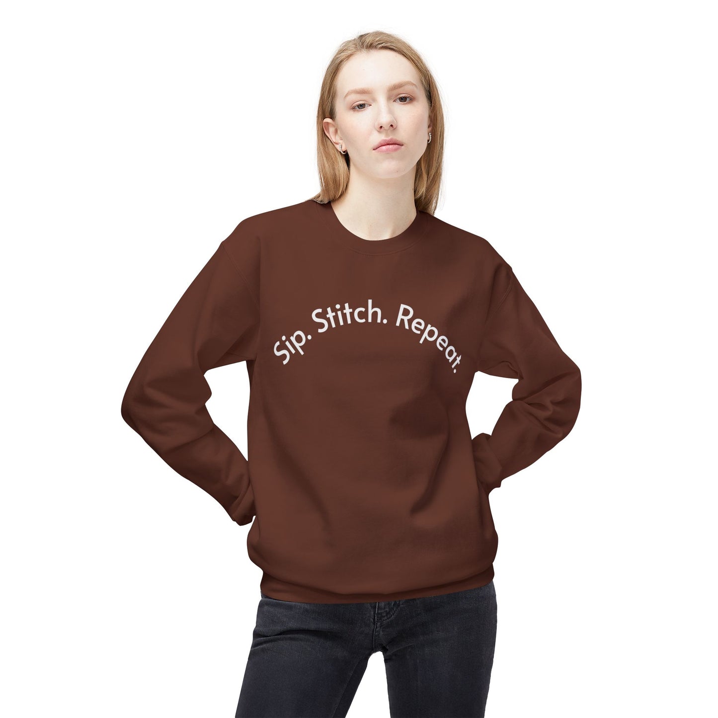 Sip Stitch Repeat™ Crochet & Knitting Sweatshirt – Brewed & Hooked Cozy Crewneck for Yarn Lovers, Coffee & Crochet Gift