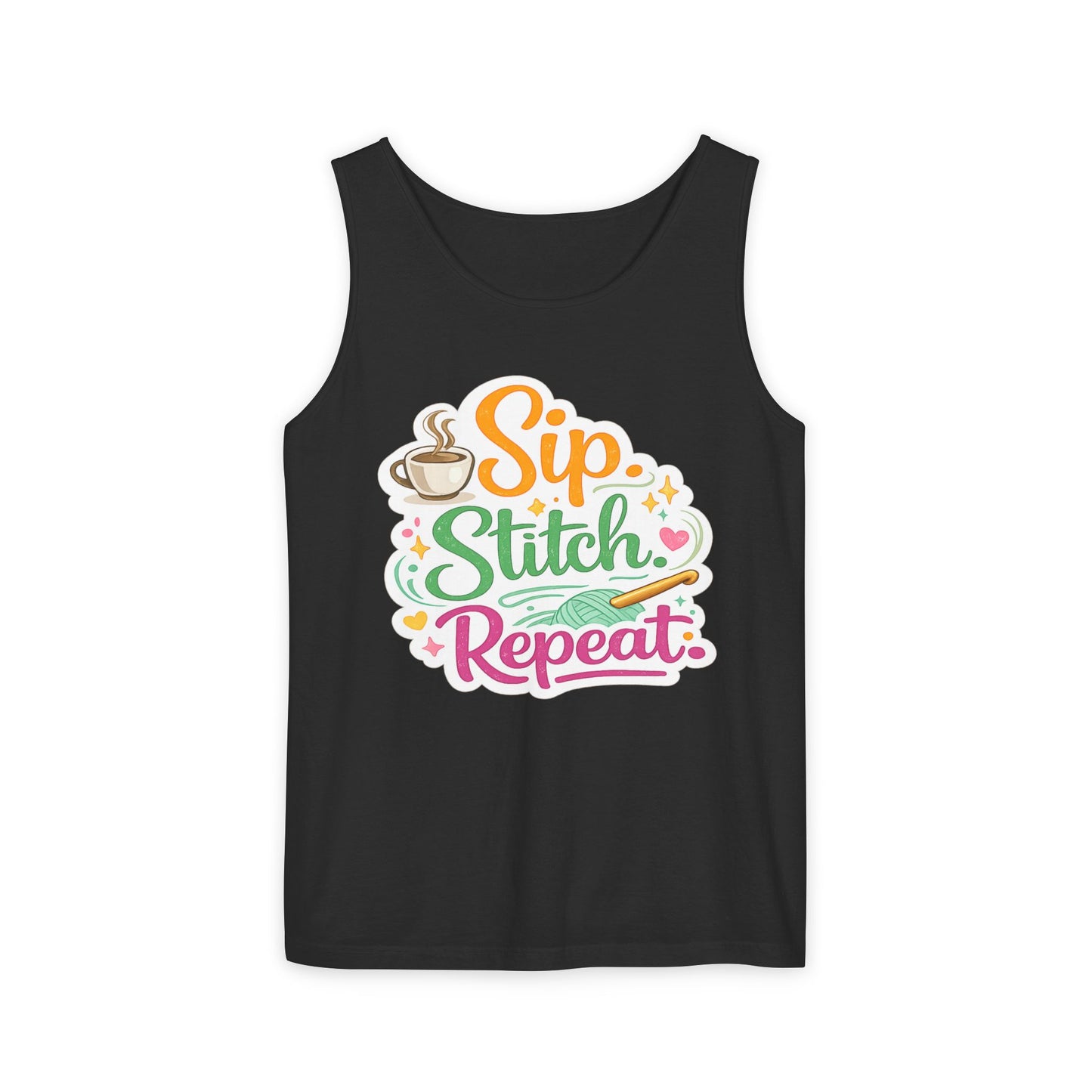 Sip. Stitch. Repeat.™ Tank Top – Crochet & Knitting Tank | Coffee Lover Craft Shirt