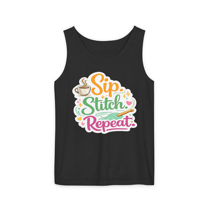 Sip. Stitch. Repeat.™ Tank Top – Crochet & Knitting Tank | Coffee Lover Craft Shirt