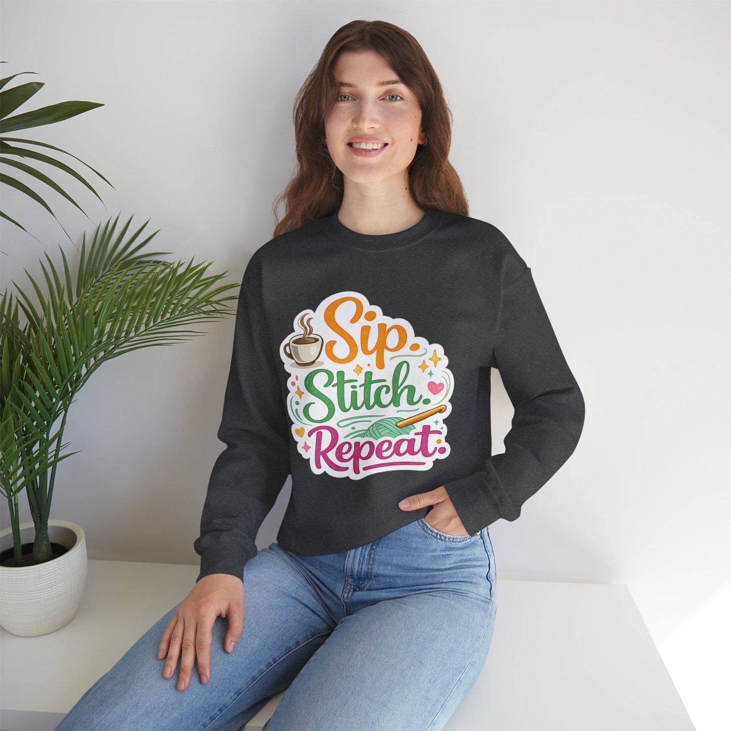 Sip. Stitch. Repeat.™ Sweatshirt — Cozy Maker Crewneck