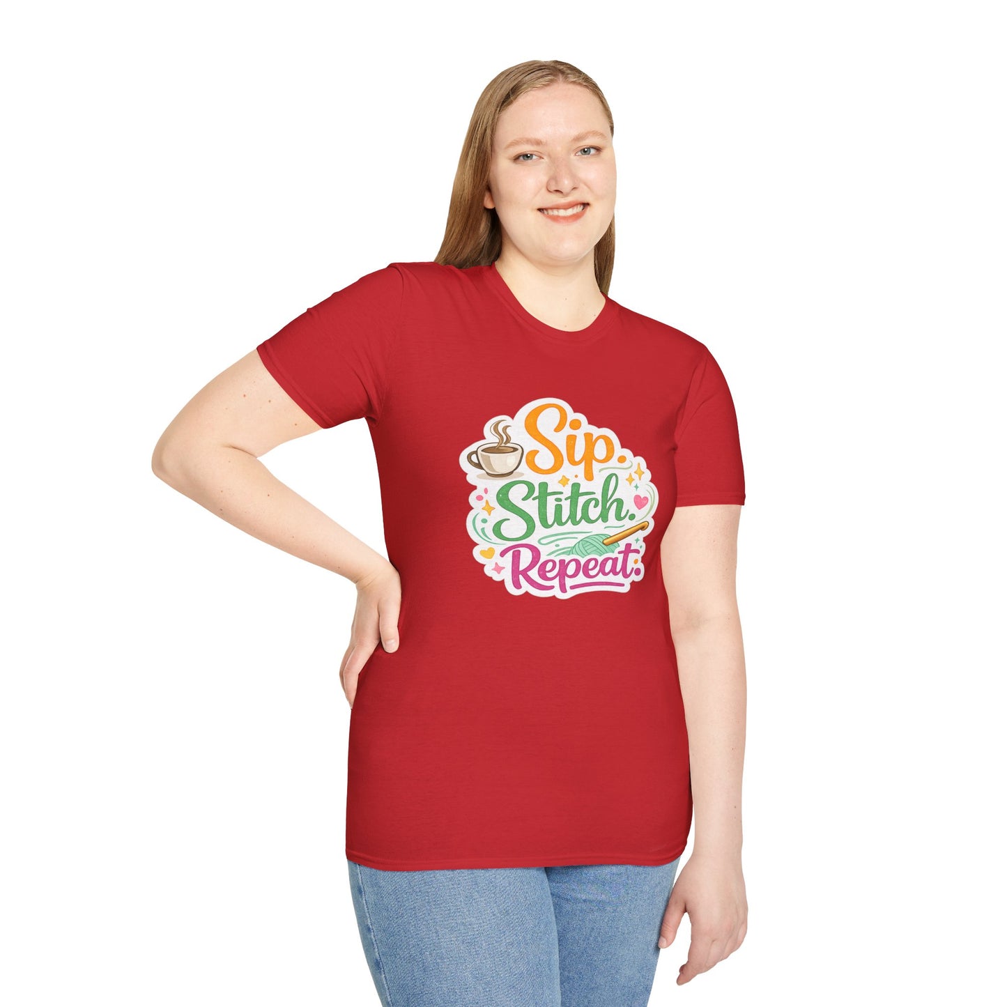 Sip. Stitch. Repeat.™ T-Shirt — Cute Crochet Knitting Crafter Tee