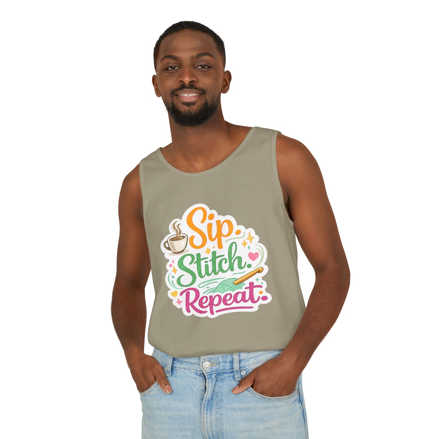 Sip. Stitch. Repeat.™ Tank Top – Crochet & Knitting Tank | Coffee Lover Craft Shirt