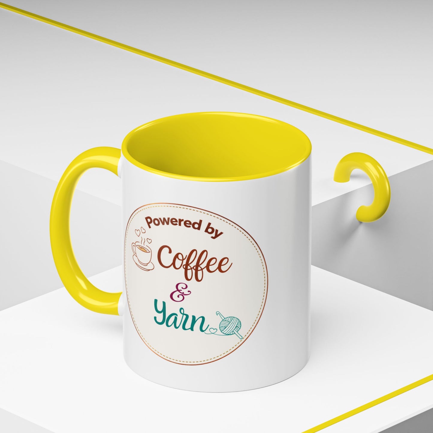 Right-Handed “Powered by Coffee & Yarn” Accent Mug – Crochet & Knitting Lover Coffee Cup, Crafter Gift, Dishwasher & Microwave Safe Ceramic Mug (11oz, 15oz)