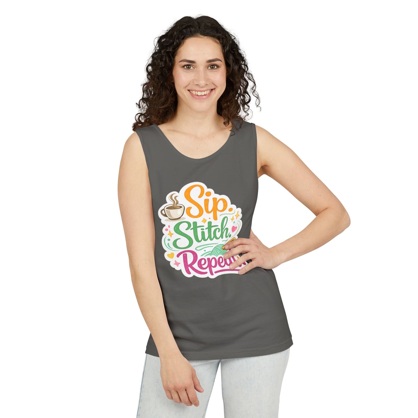 Sip. Stitch. Repeat.™ Tank Top – Crochet & Knitting Tank | Coffee Lover Craft Shirt