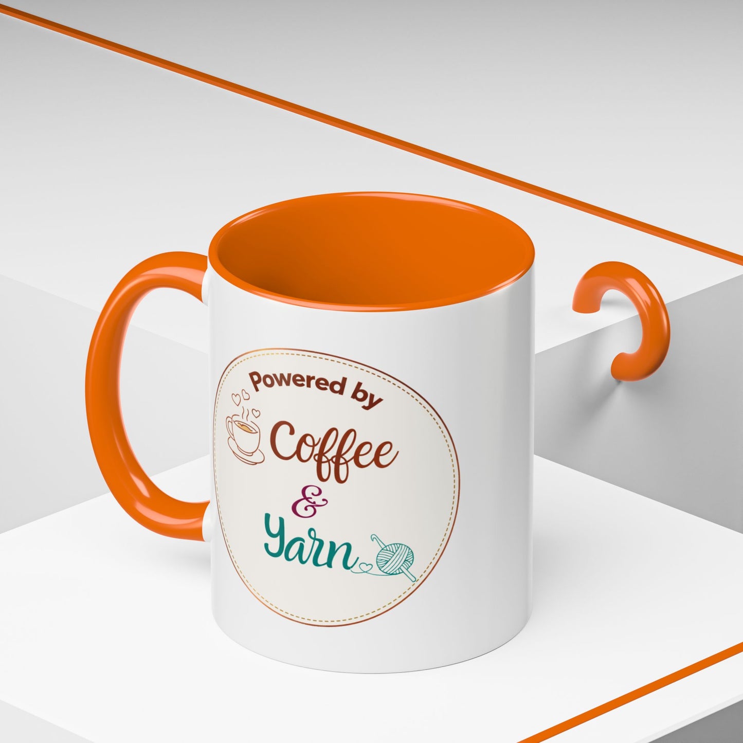Right-Handed “Powered by Coffee & Yarn” Accent Mug – Crochet & Knitting Lover Coffee Cup, Crafter Gift, Dishwasher & Microwave Safe Ceramic Mug (11oz, 15oz)