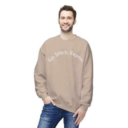 Sip Stitch Repeat™ Crochet & Knitting Sweatshirt – Brewed & Hooked Cozy Crewneck for Yarn Lovers, Coffee & Crochet Gift