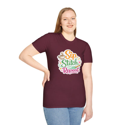 Sip. Stitch. Repeat.™ T-Shirt — Cute Crochet Knitting Crafter Tee