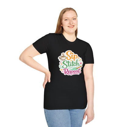 Sip. Stitch. Repeat.™ T-Shirt — Cute Crochet Knitting Crafter Tee