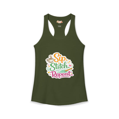 Sip. Stitch. Repeat.™ Racerback Tank – Crochet Lover Coffee Craft Tank Top | Cozy Yarn Lover Gift