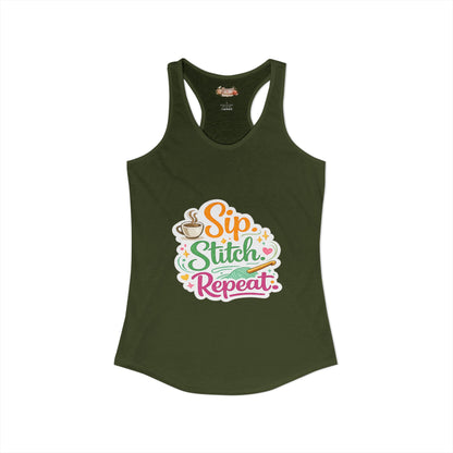Sip. Stitch. Repeat.™ Racerback Tank – Crochet Lover Coffee Craft Tank Top | Cozy Yarn Lover Gift