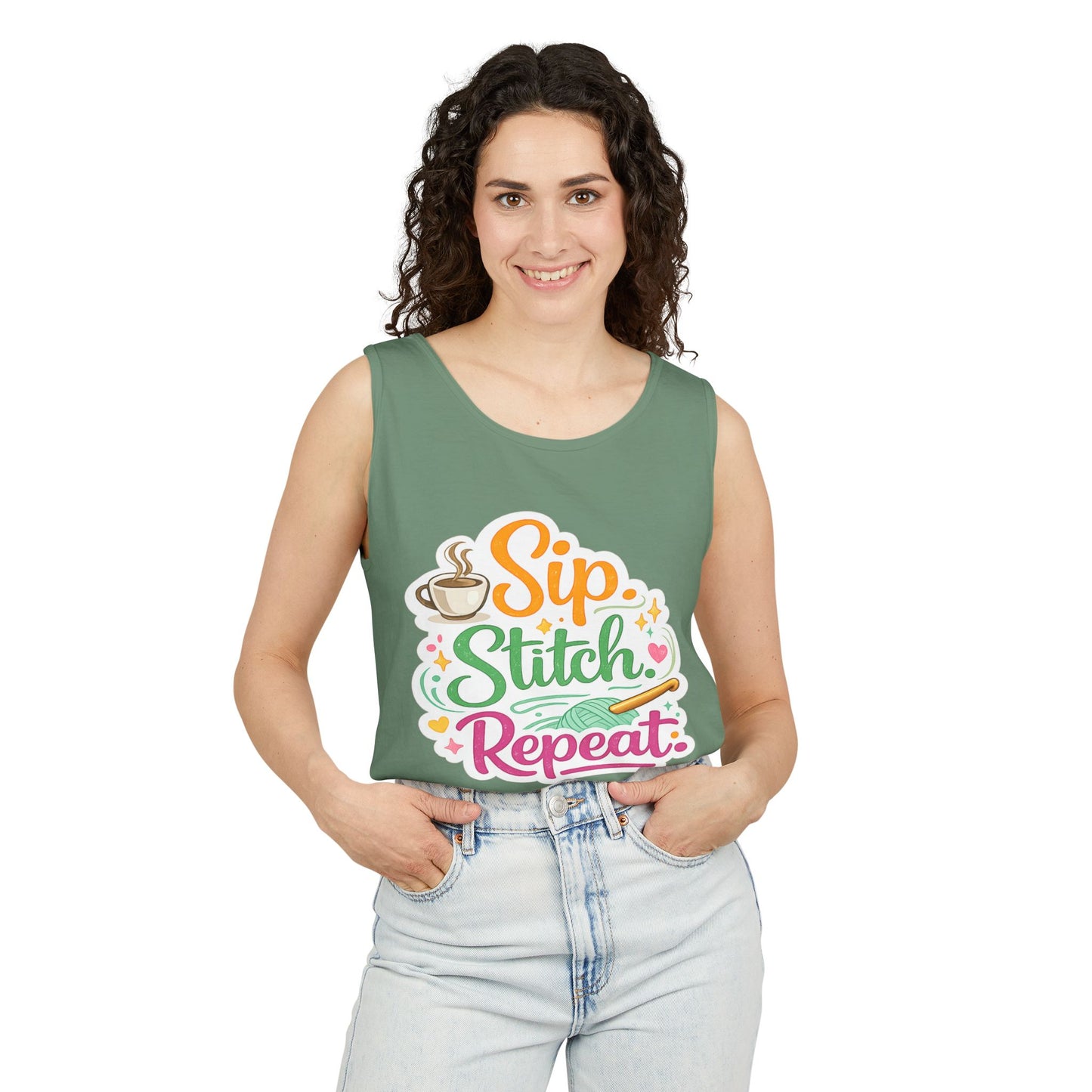 Sip. Stitch. Repeat.™ Tank Top – Crochet & Knitting Tank | Coffee Lover Craft Shirt