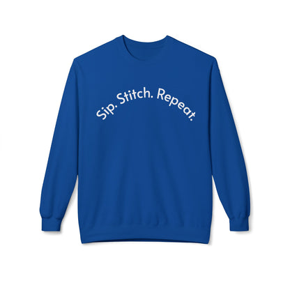 Sip Stitch Repeat™ Crochet & Knitting Sweatshirt – Brewed & Hooked Cozy Crewneck for Yarn Lovers, Coffee & Crochet Gift