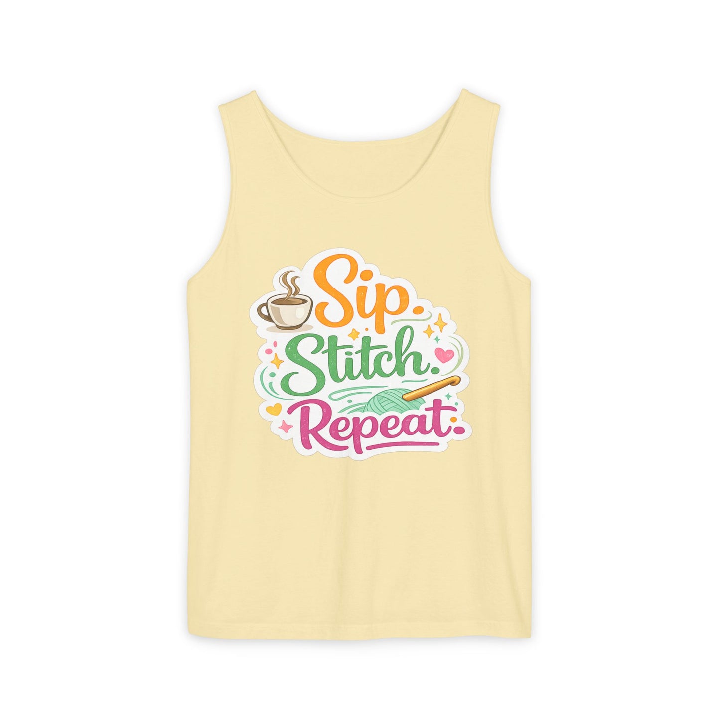 Sip. Stitch. Repeat.™ Tank Top – Crochet & Knitting Tank | Coffee Lover Craft Shirt