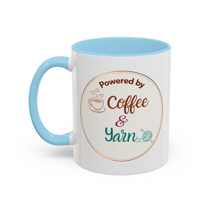 Right-Handed “Powered by Coffee & Yarn” Accent Mug – Crochet & Knitting Lover Coffee Cup, Crafter Gift, Dishwasher & Microwave Safe Ceramic Mug (11oz, 15oz)