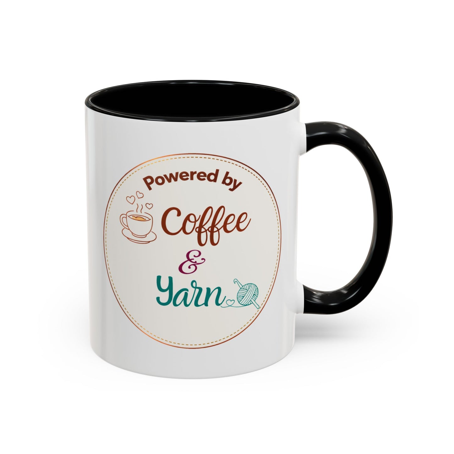 Left-Handed Coffee & Yarn Mug – “Powered by Coffee & Yarn” Accent Ceramic Mug for Crocheters & Knitters (11oz / 15oz)