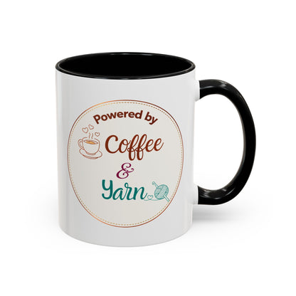 Left-Handed Coffee & Yarn Mug – “Powered by Coffee & Yarn” Accent Ceramic Mug for Crocheters & Knitters (11oz / 15oz)