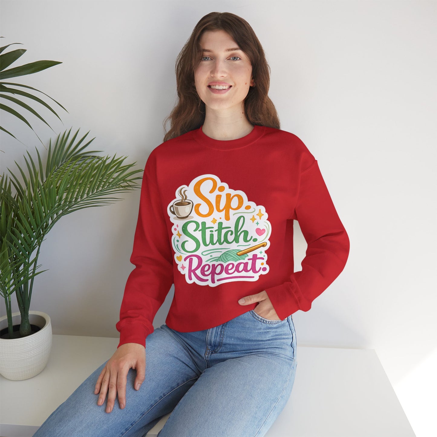 Sip. Stitch. Repeat.™ Sweatshirt — Cozy Maker Crewneck