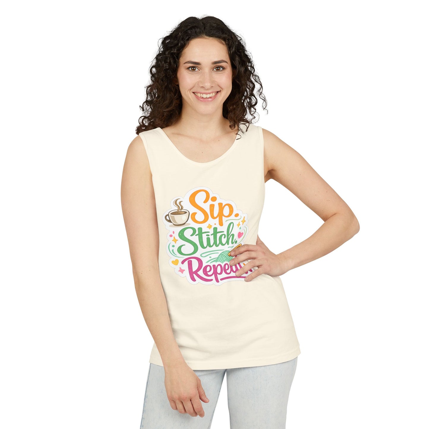 Sip. Stitch. Repeat.™ Tank Top – Crochet & Knitting Tank | Coffee Lover Craft Shirt