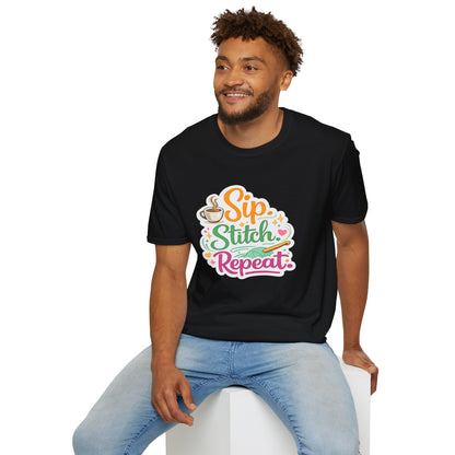 Sip. Stitch. Repeat.™ T-Shirt — Cute Crochet Knitting Crafter Tee