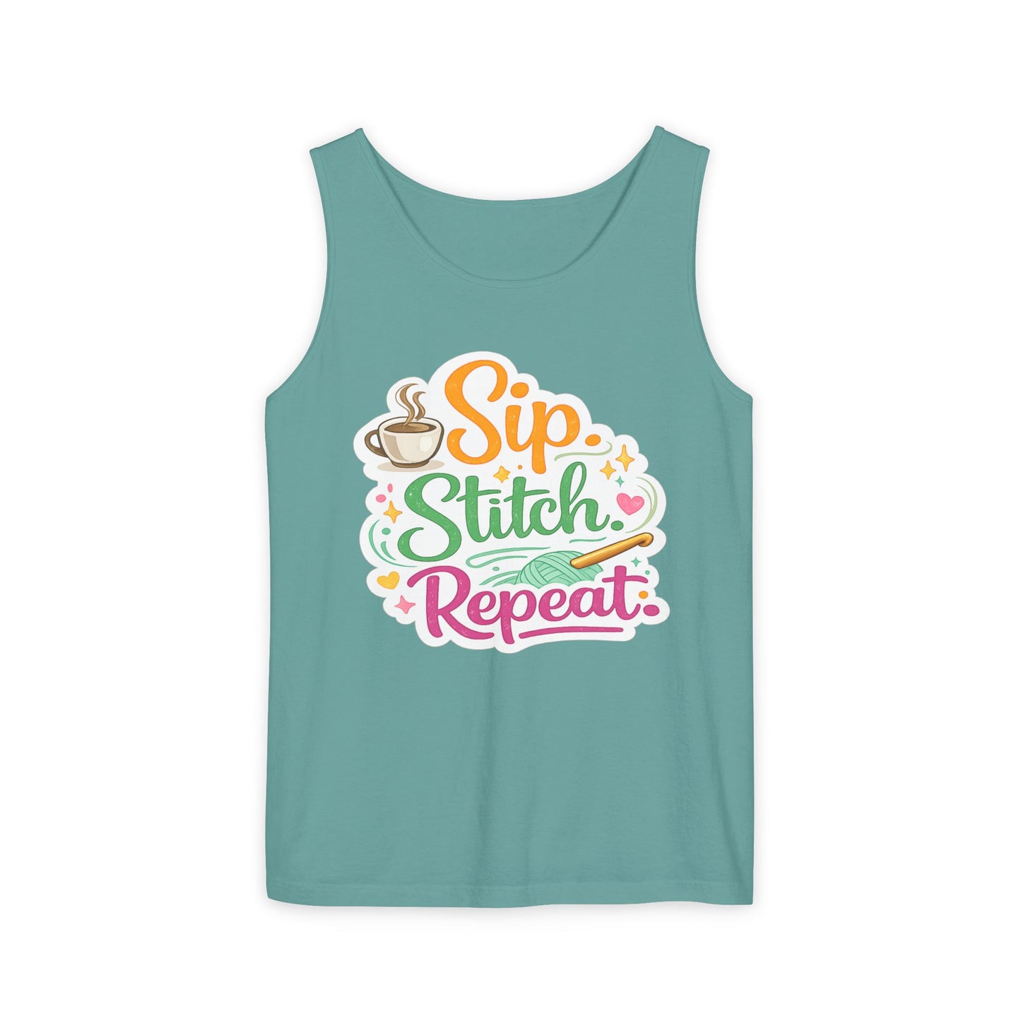 Sip. Stitch. Repeat.™ Tank Top – Crochet & Knitting Tank | Coffee Lover Craft Shirt