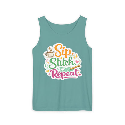 Sip. Stitch. Repeat.™ Tank Top – Crochet & Knitting Tank | Coffee Lover Craft Shirt
