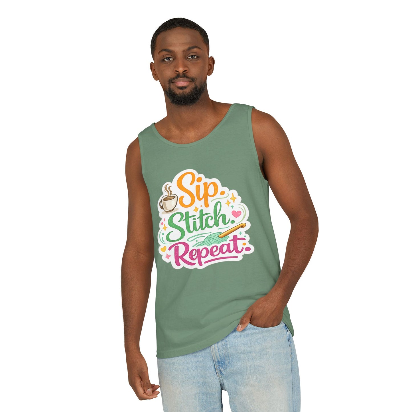 Sip. Stitch. Repeat.™ Tank Top – Crochet & Knitting Tank | Coffee Lover Craft Shirt