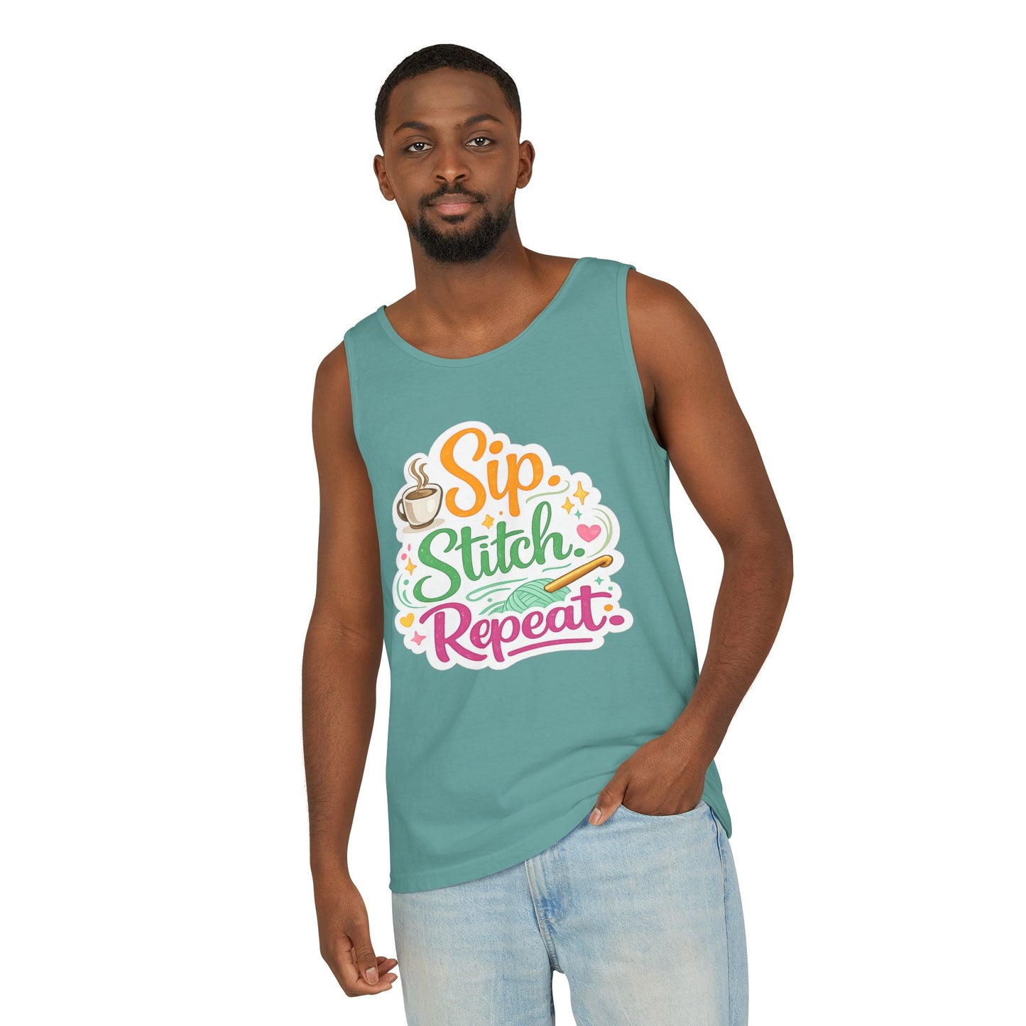 Sip. Stitch. Repeat.™ Tank Top – Crochet & Knitting Tank | Coffee Lover Craft Shirt