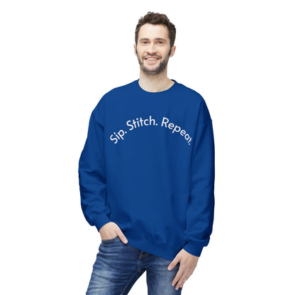 Sip Stitch Repeat™ Crochet & Knitting Sweatshirt – Brewed & Hooked Cozy Crewneck for Yarn Lovers, Coffee & Crochet Gift