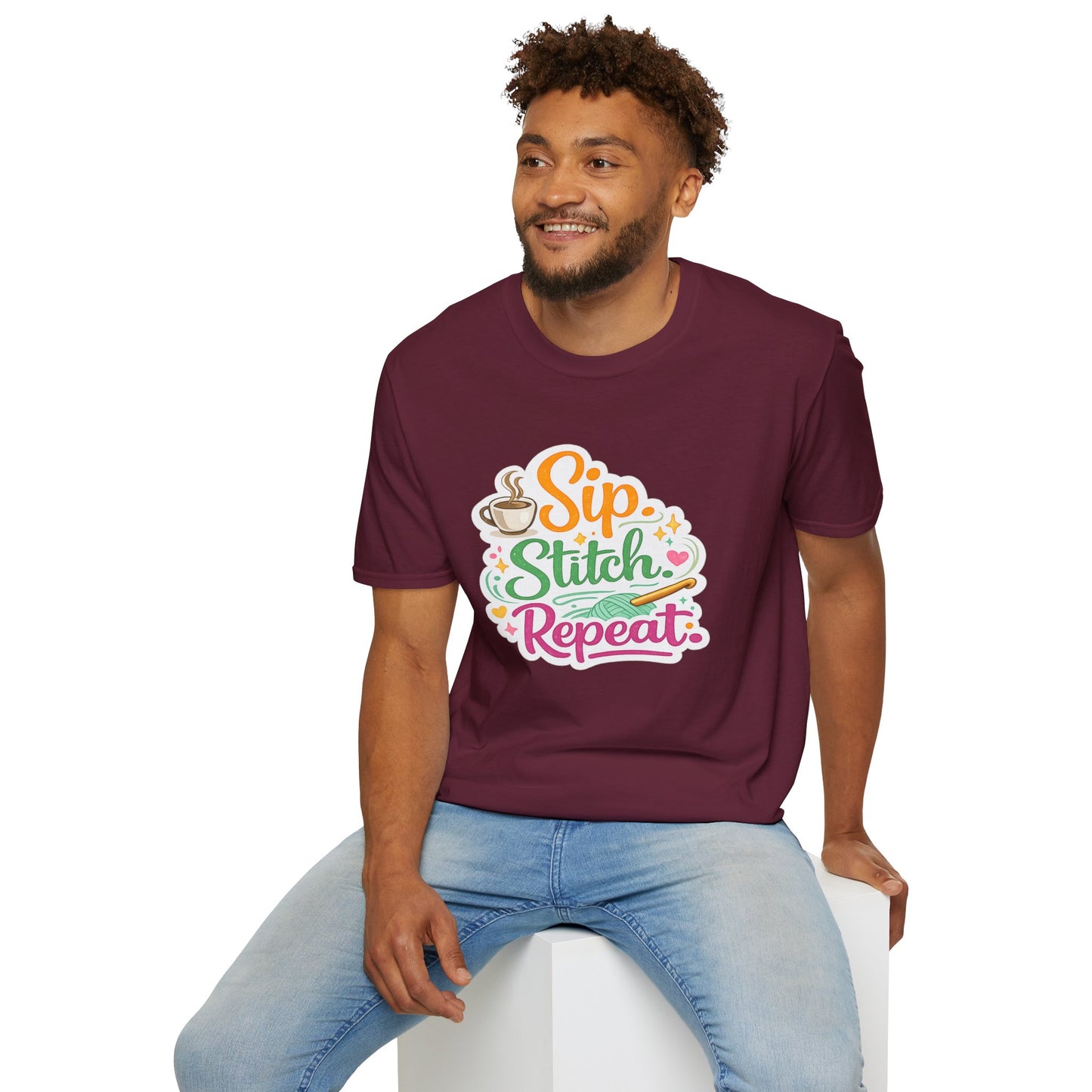 Sip. Stitch. Repeat.™ T-Shirt — Cute Crochet Knitting Crafter Tee