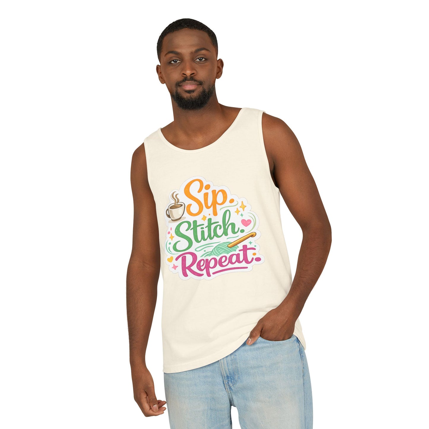 Sip. Stitch. Repeat.™ Tank Top – Crochet & Knitting Tank | Coffee Lover Craft Shirt